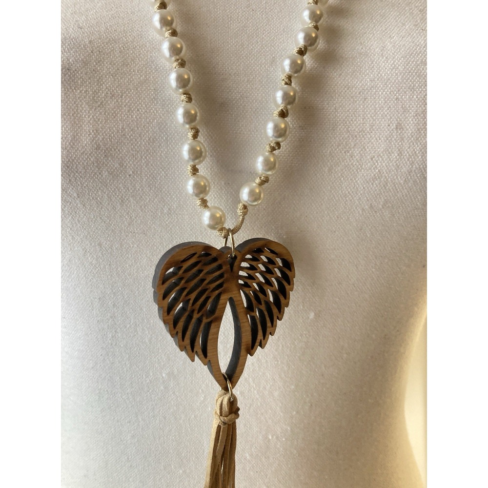 Faux Pearl Leaf Tassel Necklace Long Boho Pendant Earthy Brown Angel Wings